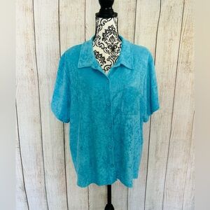 Rue21 Women’s Plus Blue Terry Cloth Towel Short Sleeve Button Up Pocket Shirt 4X